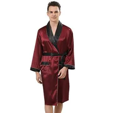 Haseil Men's Luxurious Kimono Robe with Pajama Shorts Set Long Sleeve Silk Bathrobe Soft Satin Robe Lightweight House Sleepwear, Winered, TagsizeS=USsizeS