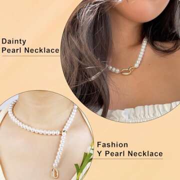 Sereney Pearl Necklaces for Women, Pearl Choker Necklace As Pearl Prom Jewelry, 8mm 16''-19.5'' Adjustable White Pearl Necklace Strand, Dainty Pearl Jewelry Necklace Valentines Day Gifts for Her
