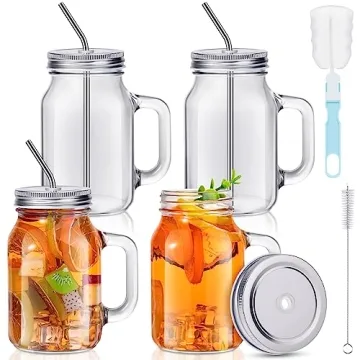 Jinei 20 oz Glass Mason Jar Mug Set with Handles and Straws - Reusable Drinking Jars for Smoothies a...
