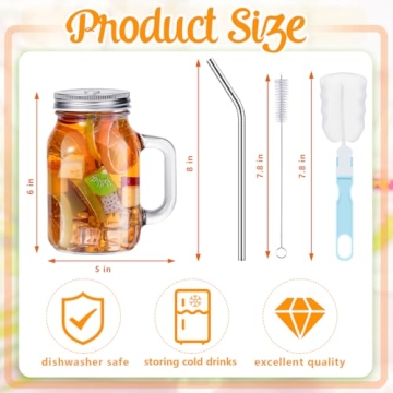 Jinei 20 oz Mason Jar Mugs with Handles & Straws
