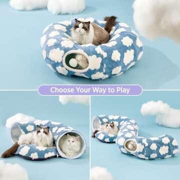 Lesure Cat Tunnel Bed for Indoor - Cute Cat Donut Tunnel with Washable Circle Cushion, Round Pet Peekaboo Cave Toy for Kitten/Puppy/Rabbit, Blue