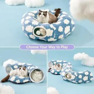 Lesure Cat Tunnel Bed for Indoor - Cute Cat Donut Tunnel with Washable Circle Cushion, Round Pet Peekaboo Cave Toy for Kitten/Puppy/Rabbit, Blue
