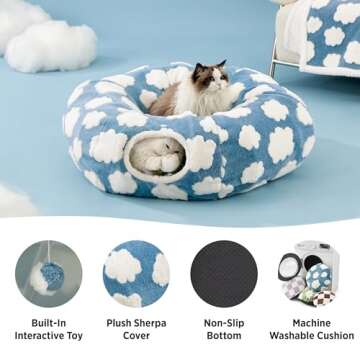 Lesure Cat Tunnel Bed for Indoor - Cute Cat Donut Tunnel with Washable Circle Cushion, Round Pet Peekaboo Cave Toy for Kitten/Puppy/Rabbit, Blue