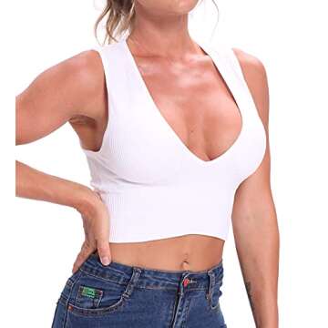 Venbond Women's Sexy Sleeveless Seamless Crop Top Deep Plunge V Neck Ribbed Tank Top with Removable ...
