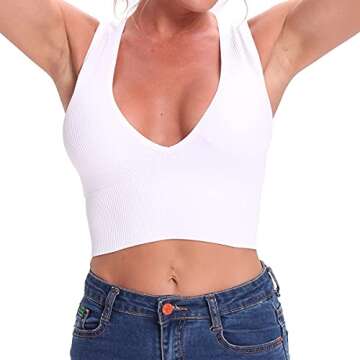 Venbond Women's Sexy Sleeveless Seamless Crop Top Deep Plunge V Neck Ribbed Tank Top with Removable Pads (White, S)