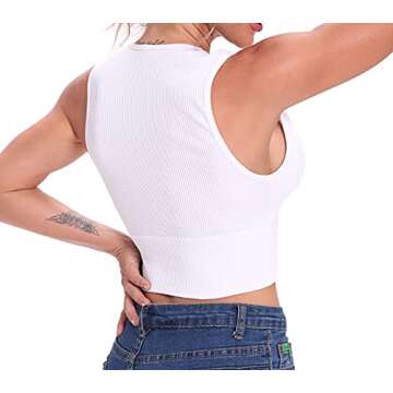 Venbond Women's Sexy Sleeveless Seamless Crop Top Deep Plunge V Neck Ribbed Tank Top with Removable Pads (White, S)