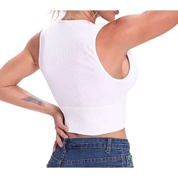 Venbond Women's Sexy Sleeveless Seamless Crop Top Deep Plunge V Neck Ribbed Tank Top with Removable Pads (White, S)