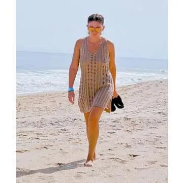 Sulozom Women Swimsuits Cover Ups Crochet Bathing Suit Tassel Bikini Coverup Beach Swimwear Khaki S