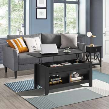Yaheetech Black Wood Coffee Table Lift Up Coffee Table w/Hidden Storage & 2 Open Shelves for Living ...