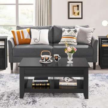 Yaheetech Black Wood Coffee Table Lift Up Coffee Table w/Hidden Storage & 2 Open Shelves for Living Room Reception Room Office, 41in L