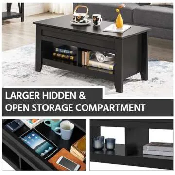 Yaheetech Black Wood Coffee Table Lift Up Coffee Table w/Hidden Storage & 2 Open Shelves for Living Room Reception Room Office, 41in L