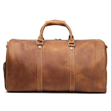 Leathfocus Leather Travel Luggage Bag, Mens Duffle Retro Carry on Handbag (Brown) X-Large