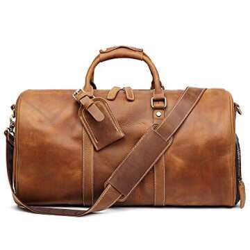 Leathfocus Leather Travel Luggage Bag, Mens Duffle Retro Carry on Handbag (Brown) X-Large