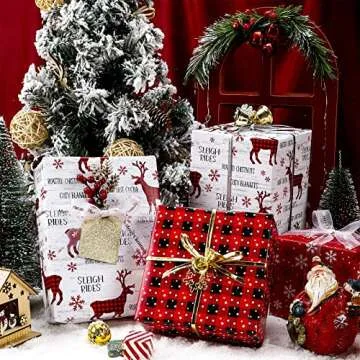 WRAPAHOLIC Christmas Wrapping Paper Roll - Rustic Holiday Woodland Scenes - Snowflake, Plaid, Reindeer - 4 Rolls - 30 Inch X 120 Inch Per Roll