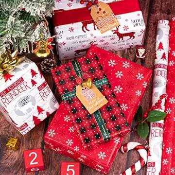 WRAPAHOLIC Christmas Wrapping Paper Roll - Rustic Holiday Woodland Scenes - Snowflake, Plaid, Reindeer - 4 Rolls - 30 Inch X 120 Inch Per Roll