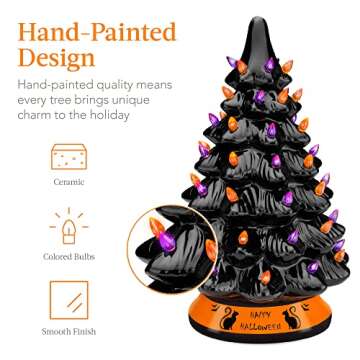 Best Choice Products 15in Pre-Lit Ceramic Tabletop Halloween Tree, Holiday Decoration w/Orange & Purple Bulb Lights, Incandescent Light Bulb