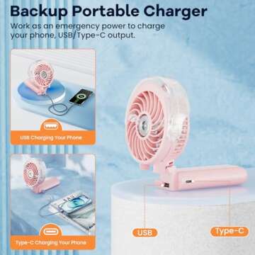 HandFan 5200mAh Handheld Misting Fan with Portable Charger, 34ml Water Tank, Rechargeable Personal M...