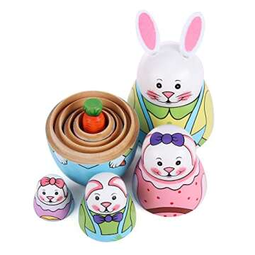 Yoption 5Pcs Russian Matryoshka Dolls Handmade Wooden Rabbit Bunny Nesting Dolls Set for Kids Christmas Easter Birthday Toy Gift Home Decoration (Rabbit)