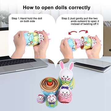 Yoption 5Pcs Russian Matryoshka Dolls Handmade Wooden Rabbit Bunny Nesting Dolls Set for Kids Christmas Easter Birthday Toy Gift Home Decoration (Rabbit)