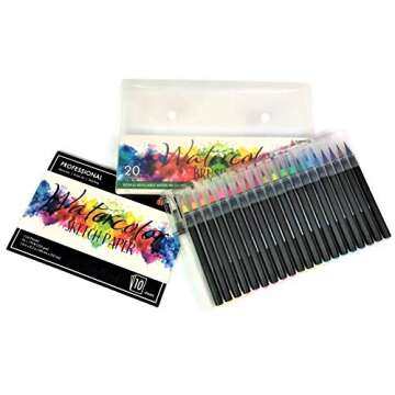 Watercolor Brush Pens Set, 20 Color Markers + BONUS Sketch Pad & Refillable Water Pen, Soft Tip for Art, Drawing, Coloring Page, Calligraphy, Sketching and Paint Effects, Non-Toxic, Water Based