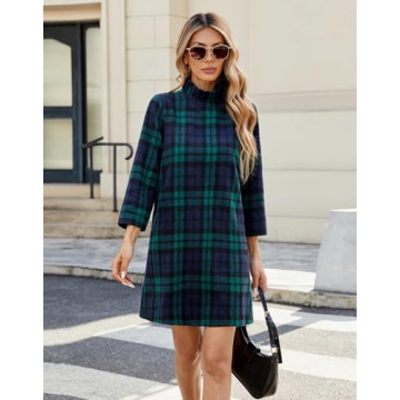Chic YEXPINE Women's Fall Plaid Dress with Bow Tie