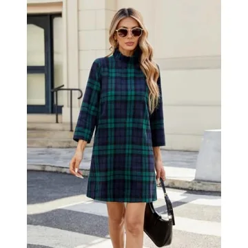 Chic YEXPINE Women's Fall Plaid Dress with Bow Tie
