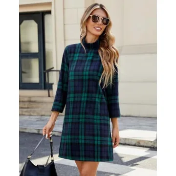Chic YEXPINE Women's Fall Plaid Dress with Bow Tie
