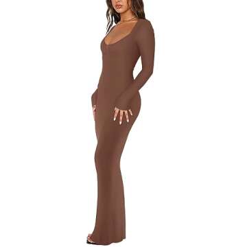 REORIA Women's Sexy Casual V Neck Long Sleeve Lounge Long Dress Elegant Fall Wedding Guest Tight Ribbed Bodycon Maxi Dresses Coffee X-Small
