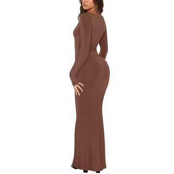REORIA Women's Sexy Casual V Neck Long Sleeve Lounge Long Dress Elegant Fall Wedding Guest Tight Ribbed Bodycon Maxi Dresses Coffee X-Small