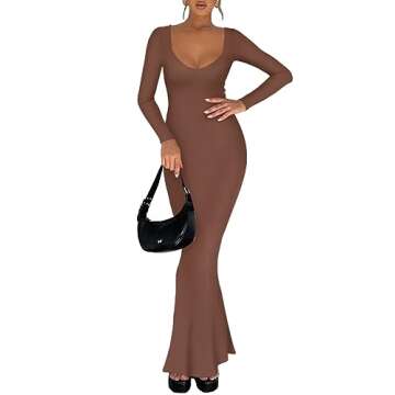 REORIA Women's Sexy Casual V Neck Long Sleeve Lounge Long Dress Elegant Fall Wedding Guest Tight Ribbed Bodycon Maxi Dresses Coffee X-Small