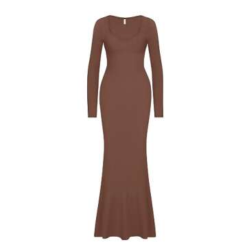 REORIA Women's Sexy Casual V Neck Long Sleeve Lounge Long Dress Elegant Fall Wedding Guest Tight Ribbed Bodycon Maxi Dresses Coffee X-Small