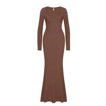 REORIA Women's Sexy Casual V Neck Long Sleeve Lounge Long Dress Elegant Fall Wedding Guest Tight Ribbed Bodycon Maxi Dresses Coffee X-Small