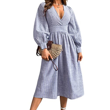 CUPSHE Women's Casual Striped V-Neck Dress Pinstriped Surplice Neck Long Sleeve Maxi Dresses,L Blue