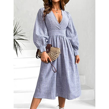 CUPSHE Women's Casual Striped V-Neck Dress Pinstriped Surplice Neck Long Sleeve Maxi Dresses,L Blue