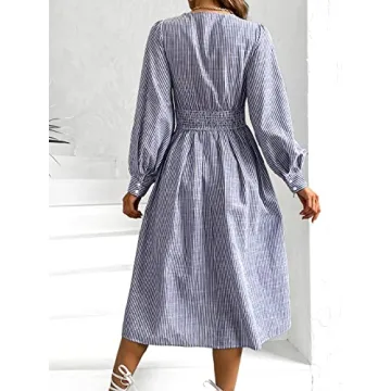 CUPSHE Women's Casual Striped V-Neck Dress Pinstriped Surplice Neck Long Sleeve Maxi Dresses,L Blue