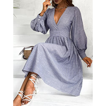CUPSHE Women's Casual Striped V-Neck Dress Pinstriped Surplice Neck Long Sleeve Maxi Dresses,L Blue