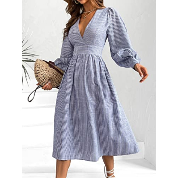 CUPSHE Women's Casual Striped V-Neck Dress Pinstriped Surplice Neck Long Sleeve Maxi Dresses,L Blue