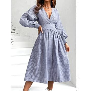 CUPSHE Women's Casual Striped V-Neck Dress Pinstriped Surplice Neck Long Sleeve Maxi Dresses,L Blue