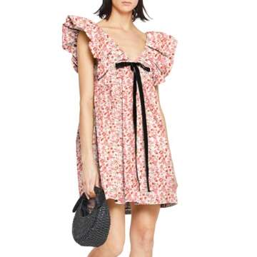 hibshaby Women's Floral Print Mini Dress V Neck Puff Sleeve Dress Short Babydoll Bow Dress M