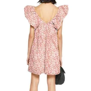 hibshaby Women's Floral Print Mini Dress V Neck Puff Sleeve Dress Short Babydoll Bow Dress M