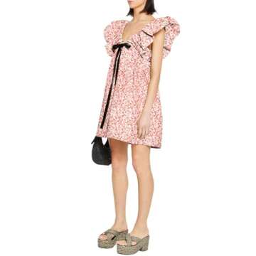 hibshaby Women's Floral Print Mini Dress V Neck Puff Sleeve Dress Short Babydoll Bow Dress M