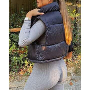 Shiyifa Women's Fashion High Neck Zipper Cropped Puffer Vest Jacket Coat (Black, Large)