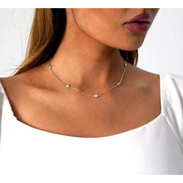 LEXODY Diamond Necklaces for Women Dainty Silver Necklace Simple Solitaire Choker Necklaces for Wome...