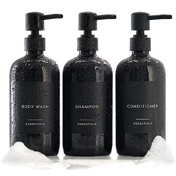Stylish Shampoo and Conditioner Dispenser Set of 3 - Modern 21oz Shower Soap Bottles with Pump and L...