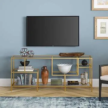 Deveraux Rectangular TV Stand with Glass Shelves for TV's up to 65" in Brass