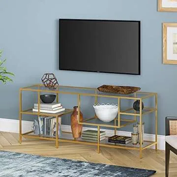 Deveraux Rectangular TV Stand with Glass Shelves for TV's up to 65" in Brass