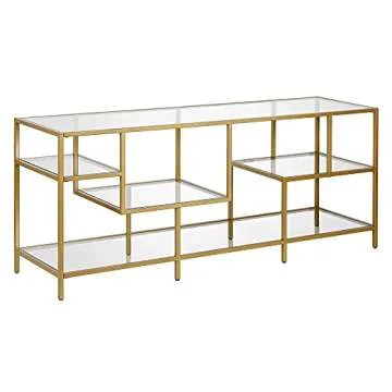 Deveraux Rectangular TV Stand with Glass Shelves for TV's up to 65" in Brass