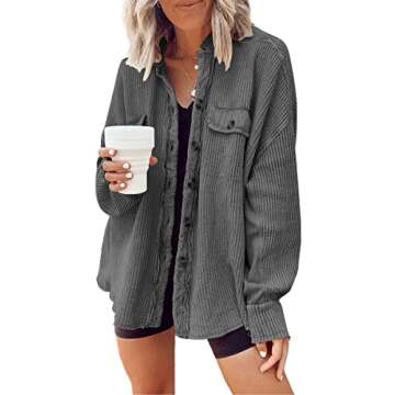 CHARTOU Women's Vintage Banded Collar Button Down Baggy Loose Fit Mid-Weight Frayed Waffle Knit Shacket Shirt Tops (Large, Dark Grey)