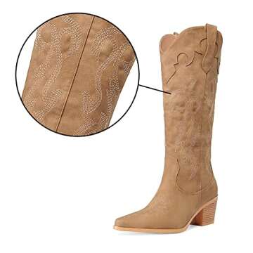 Oh Mispares Women's Western Style Knee High Cowboy Cowgirl Boots Embroidered Wide Calf Pointed Toe C...