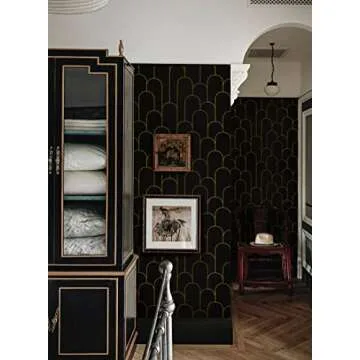 Yasinet Black and Gold Peel and Stick Wallpaper Black Geometric Contact Paper Stripe Removable Paper Self Adhesive Wallpaper Decorative for Wall Bedroom Vinyl Film 17.3”x197”